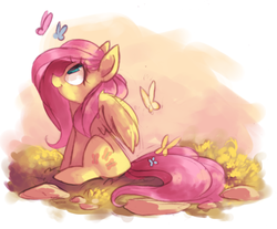 Size: 1280x1058 | Tagged: safe, artist:askpopcorn, fluttershy, butterfly, pegasus, pony, g4, cute, female, looking at something, looking up, mare, observer, profile, shyabetes, sitting, smiling, solo, wings