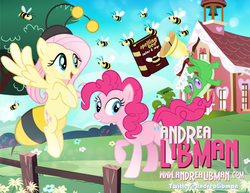 Size: 900x695 | Tagged: safe, artist:pixelkitties, fluttershy, gummy, pinkie pie, bee, earth pony, pegasus, pony, g4, andrea libman, animal costume, bee costume, clothes, costume, female, flutterbee, legs together, pixelkitties' brilliant autograph media artwork, voice actor joke