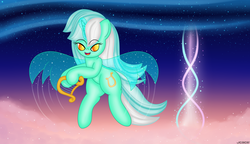 Size: 4000x2300 | Tagged: safe, artist:jcace, lyra heartstrings, pony, unicorn, g4, artificial wings, augmented, female, flying, lyre, magic, magic wings, musical instrument, solo, wings