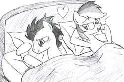 Size: 1264x836 | Tagged: safe, artist:hyolark, rainbow dash, soarin', pegasus, pony, g4, aftersex, bed, cigarette, crying, duo, duo male and female, female, lying down, lying on bed, male, mare, monochrome, on bed, pillow, regret, ruined for marriage, sad, ship:soarindash, shipping, smoking, stallion, straight, traditional art