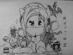 Size: 1024x768 | Tagged: safe, artist:themoonraven, grayscale, headphones, japanese, monochrome, pewdiepie, ponified, traditional art