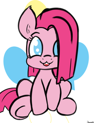 Size: 2200x2900 | Tagged: safe, artist:ramott, pinkie pie, earth pony, pony, g4, :3, bucktooth, cute, cuteamena, female, hair over one eye, high res, looking at you, open mouth, pinkamena diane pie, sitting, sketchy, smiling, solo, straight hair, underhoof