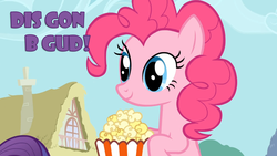 Size: 1365x768 | Tagged: safe, pinkie pie, rarity, g4, dis gon b gud, image macro, meme, popcorn, purple text, smiling, solo focus