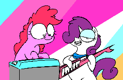 Size: 1105x716 | Tagged: source needed, safe, artist:peanutbutter, pinkie pie, rarity, earth pony, pony, unicorn, g4, 80s, alternate hairstyle, animated, braces, colorful, eyestrain warning, female, gif, keyboard, keytar, looking at you, mare, musical instrument, smiling