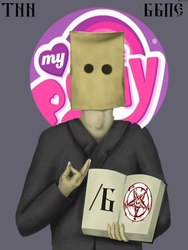 Size: 453x604 | Tagged: safe, oc, oc:anon, human, /b/, /b/-tard, 2ch, bag on head, bitard, meme, paper bag, pentagram, satanism, solo