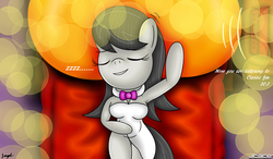 Size: 2400x1400 | Tagged: safe, artist:jcace, octavia melody, anthro, g4, arm hooves, breasts, busty octavia melody, cleavage, female, radio, sleeping, solo