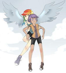 Size: 1713x1878 | Tagged: safe, artist:inkintime, rainbow dash, scootaloo, human, g4, carrying, clothes, converse, duo, flying, humanized, shoes, winged humanization