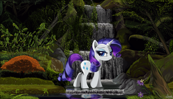 Size: 2600x1500 | Tagged: safe, artist:warfost, rarity, pony, unicorn, g4, beautiful, female, forest, lidded eyes, looking back, scenery, scenery porn, solo, standing in water, waterfall