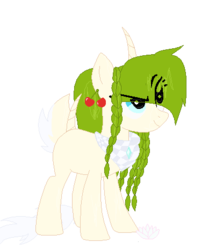 Size: 402x466 | Tagged: safe, artist:sweetasina, oc, oc only, original species, pony, unicorn, bandana, braid, cherry, cherryshy, cute, raised eyebrow, smiling, solo