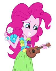 Size: 2242x2842 | Tagged: safe, artist:mohawgo, pinkie pie, equestria girls, g4, my little pony equestria girls: rainbow rocks, shake your tail, clothes, female, flower, flower in hair, grass skirt, high res, hula, hulapie, lei, musical instrument, simple background, skirt, smiling, solo, transparent background, ukulele, vector