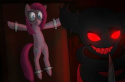 Size: 1103x725 | Tagged: safe, artist:xxinfamouswormxx, pinkie pie, earth pony, pony, fanfic:cupcakes, g4, bondage, creepypasta, female, imminent murder, insanity, knife, mare, peril, pinkamena diane pie, role reversal, scared, unsexy bondage, zalgo