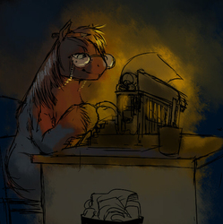 Size: 586x588 | Tagged: source needed, safe, artist:idlecum, big macintosh, earth pony, pony, g4, glasses, male, pencil, sitting, smiling, solo, stallion, typewriter, typing, unshorn fetlocks