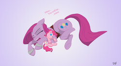 Size: 1024x560 | Tagged: safe, artist:assassin-or-shadow, pinkie pie, g4, cute, cuteamena, female, hug, pinkamena diane pie, plushie, possessive, sleeping