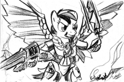 Size: 891x590 | Tagged: safe, artist:wingbeatpony, rainbow dash, eldar, pegasus, pony, g4, armor, bipedal, crossover, female, monochrome, ponified, signature, simple background, solo, swooping hawk, sword, traditional art, warhammer (game), warhammer 40k, white background