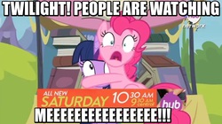 Size: 800x447 | Tagged: safe, edit, edited screencap, screencap, pinkie pie, twilight sparkle, alicorn, pony, g4, official, trade ya!, book, caption, female, fourth wall, hub logo, image macro, mare, meme, paranoia, scared, text, twilight sparkle (alicorn)