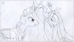 Size: 1280x728 | Tagged: safe, artist:captainboat, princess celestia, queen chrysalis, alicorn, changeling, changeling queen, pony, a canterlot wedding, g4, female, monochrome