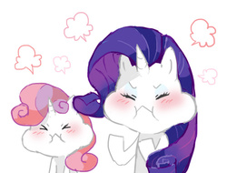 Size: 600x456 | Tagged: safe, artist:fuyuse leka, rarity, sweetie belle, g4, :<, blushing, cute, eyes closed, female, pixiv, puffy cheeks, rarity is a marshmallow, siblings, simple background, sisters, steam, white background