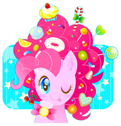 Size: 625x650 | Tagged: dead source, safe, artist:fuyuse leka, pinkie pie, g4, :p, accessory, alternate hairstyle, bow, bust, candy, cute, diapinkes, female, food, macaron, mane candy, messy, one eye closed, pixiv, portrait, solo, tongue out, wink
