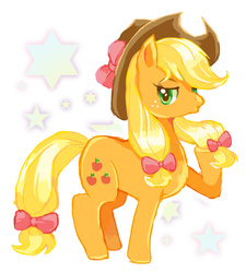 Size: 600x668 | Tagged: safe, artist:fuyuse leka, applejack, earth pony, pony, g4, applejack's hat, bow, cowboy hat, female, hat, mare, pigtails, pixiv, solo