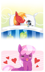 Size: 500x793 | Tagged: safe, artist:fuyuse leka, big macintosh, cheerilee, smarty pants, earth pony, pony, g4, bed, blushing, heart, male, pixiv, ship:cheerimac, shipping, sleeping, smartymac, stallion, straight