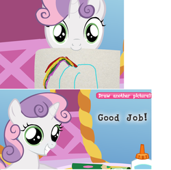 Size: 814x810 | Tagged: safe, rainbow dash, sweetie belle, pegasus, pony, unicorn, g4, approved, butt, coloring with sweetie belle, exploitable meme, female, happy, implied rarity, looking at you, meme, plot, rainbutt dash, show accurate