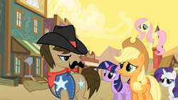 Size: 1365x768 | Tagged: safe, screencap, applejack, fluttershy, rarity, sheriff silverstar, twilight sparkle, earth pony, pegasus, pony, unicorn, g4, over a barrel, female, flying, male, mare, stallion