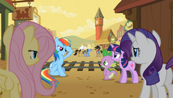 Size: 1365x768 | Tagged: safe, screencap, blues, fluttershy, noteworthy, rainbow dash, rarity, sheriff silverstar, spike, twilight sparkle, g4, over a barrel, butt, plot