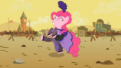 Size: 1365x768 | Tagged: safe, screencap, pinkie pie, g4, over a barrel, clothes, dress, female, fishnet stockings, puffy sleeves, saloon dress, saloon pinkie, solo