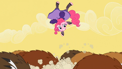 Size: 1365x768 | Tagged: source needed, safe, screencap, pinkie pie, bison, buffalo, g4, over a barrel, clothes, dress, female, puffy sleeves, saloon dress, saloon pinkie, solo, unnamed buffalo, unnamed character