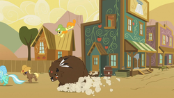 Size: 1365x768 | Tagged: safe, screencap, carrot top, coco crusoe, golden harvest, lyra heartstrings, bison, buffalo, pony, g4, over a barrel, hat, unnamed buffalo, unnamed character