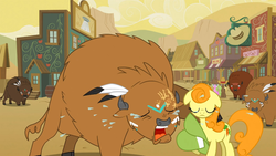 Size: 1365x768 | Tagged: safe, screencap, carrot top, coco crusoe, daisy, flower wishes, golden harvest, bison, buffalo, pony, g4, over a barrel, crying, unnamed buffalo, unnamed character