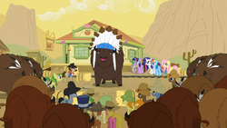 Size: 1365x768 | Tagged: safe, screencap, apple fritter, applejack, blues, carrot top, cherry berry, chief thunderhooves, coco crusoe, doctor whooves, fluttershy, golden harvest, lucky clover, meadow song, noteworthy, pinkie pie, rainbow dash, rarity, sheriff silverstar, spike, time turner, twilight sparkle, bison, buffalo, earth pony, pony, g4, over a barrel, apple family member, female, hat, male, mane six, mare, stallion, unnamed buffalo, unnamed character