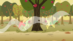 Size: 1365x768 | Tagged: safe, screencap, apple fritter, peachy sweet, earth pony, pony, g4, over a barrel, apple, apple family member, apple orchard, apple tree, background pony, bow, cowboy hat, duo, eyes closed, female, hair bow, happy, hat, jumping, mare, mouth hold, tail bow, tree