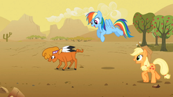 Size: 1365x768 | Tagged: safe, screencap, applejack, little strongheart, rainbow dash, bison, buffalo, g4, over a barrel