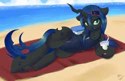 Size: 1150x750 | Tagged: safe, artist:average-hanzo, queen chrysalis, changeling, semi-anthro, g4, beach, belly, belly button, blushing, clothes, drink, fangs, female, glasses, one-piece swimsuit, solo, sukumizu, sultry pose, sunglasses, swimsuit