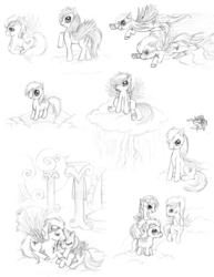 Size: 800x1035 | Tagged: safe, artist:tinuleaf, rainbow dash, soarin', spitfire, g4, female, filly, male, monochrome, ship:soarindash, shipping, sketch dump, straight