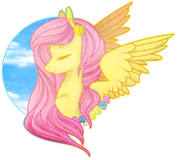 Size: 750x675 | Tagged: safe, artist:captivelegacy, fluttershy, pegasus, pony, g4, beautiful, cute, eyes closed, fanart, female, flower, flower in hair, mare, sky, smiling, solo, spread wings