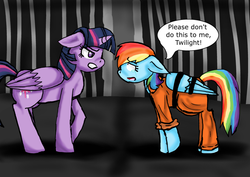 Size: 1024x724 | Tagged: safe, artist:angel-light123, rainbow dash, twilight sparkle, alicorn, pony, g4, bound wings, clothes, crying, duo, female, mare, prison outfit, prisoner, prisoner rd, sad, twilight sparkle (alicorn), tyrant sparkle