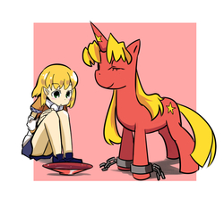 Size: 600x534 | Tagged: safe, artist:雑草丸子, pony, unicorn, eyes closed, hoshiguma yuugi, looking down, mizuhashi parsee, pixiv, ponified, shackles, sitting, touhou