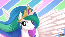 Size: 2560x1440 | Tagged: safe, artist:mysticalpha, princess celestia, alicorn, pony, g4, female, looking at you, mare, smiling, smiling at you, solo, spread wings, wallpaper