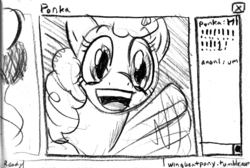 Size: 894x599 | Tagged: safe, artist:wingbeatpony, pinkie pie, oc, oc:anon, earth pony, pony, g4, cute, female, livestream, mare, monochrome, open mouth, ponk, smiling, solo, waving, webcam