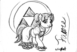 Size: 894x599 | Tagged: safe, artist:wingbeatpony, pony, unicorn, clothes, dress, farore, looking at you, monochrome, ponified, smiling, solo, the legend of zelda, triforce