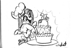Size: 894x599 | Tagged: safe, artist:wingbeatpony, oc, oc only, oc:candy swirl, cake, chef's hat, frosting, hat, monochrome, solo
