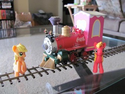 Size: 912x684 | Tagged: safe, applejack, big macintosh, earth pony, pony, g4, blind bag, coca-cola, customized toy, friendship express, locomotive, male, model, product placement, railroad, stallion, toy, train, youtube link