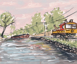 Size: 1024x850 | Tagged: safe, artist:agm, earth pony, pony, barge, boat, canal, locomotive, train