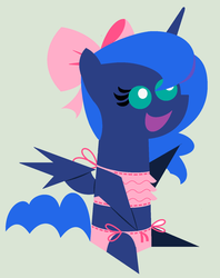 Size: 1024x1296 | Tagged: safe, artist:evilfrenzy, princess luna, g4, bra, clothes, crop top bra, female, panties, pink underwear, pointy ponies, ribbon, simple background, sitting, solo, underwear