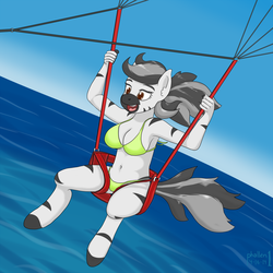 Size: 2000x2000 | Tagged: safe, artist:phallen1, oc, oc only, oc:kinky beer, zebra, anthro, anthro oc, armpits, belly button, bikini, cleavage, clothes, female, flying, high res, ocean, parachute, parasailing, solo, swimsuit