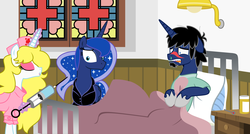 Size: 1600x857 | Tagged: safe, artist:evilfrenzy, princess luna, oc, oc:frenzy, g4, fruna, hospital, syringe