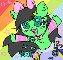 Size: 697x663 | Tagged: safe, artist:twithehedgehog, oc, oc only, duck, fish, snail, arm warmers, banana, barrette, bunny ears, candy, chest fluff, clothes, cute, food, heart, maybe salmon, open mouth, popping out, rainbow, rainbow background, smiling, solo, starry eyes, stars, stockings, surreal, tuna, wat