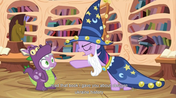 Size: 1275x710 | Tagged: safe, screencap, spike, star swirl the bearded, twilight sparkle, g4, luna eclipsed, clothes, cosplay, costume, dragon costume, dragonception, golden oaks library, meme, nightmare night costume, star swirl the bearded costume, twilight the bearded, ukraine, youtube caption